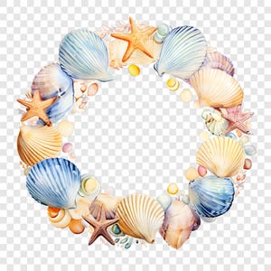 May include: A circular wreath composed of various seashells and orange starfish. The arrangement features blue, white, and tan fan-shaped shells, along with smaller rounded pebbles and coral-like accents, creating a decorative coastal border.