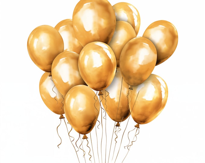 Golden Balloons Clipart, Party Balloons Images, 12 Watercolor Clip Art, Printable JPGs, Instant Download, Commercial Use, Paper craft