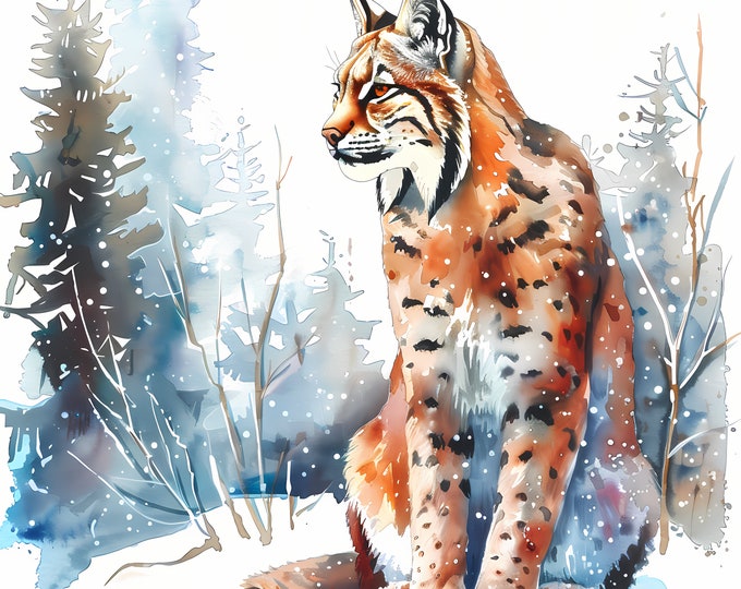 Winter Lynx Clipart, Lynx in Winter Images, 10 Watercolor Clip Art, Printable JPGs, Instant Download, Commercial Use, Paper craft