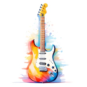 Colorful Guitar Clipart, Electric Guitars Images, 10 Watercolor Clip Art, Printable JPGs, Instant Download, Commercial Use, Paper craft