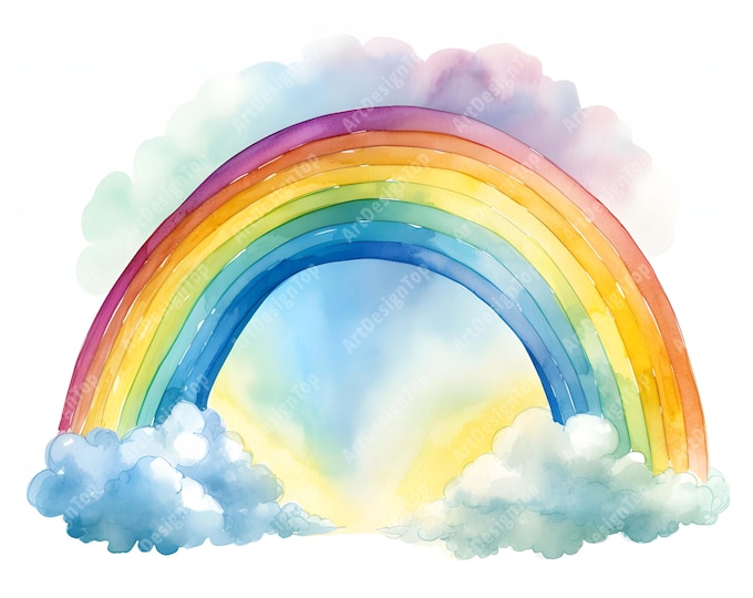 Rainbow Clipart, Rainbow Cloud Images, 10 Watercolor Clip Art, Printable JPGs, Instant Download, Commercial Use, Paper craft