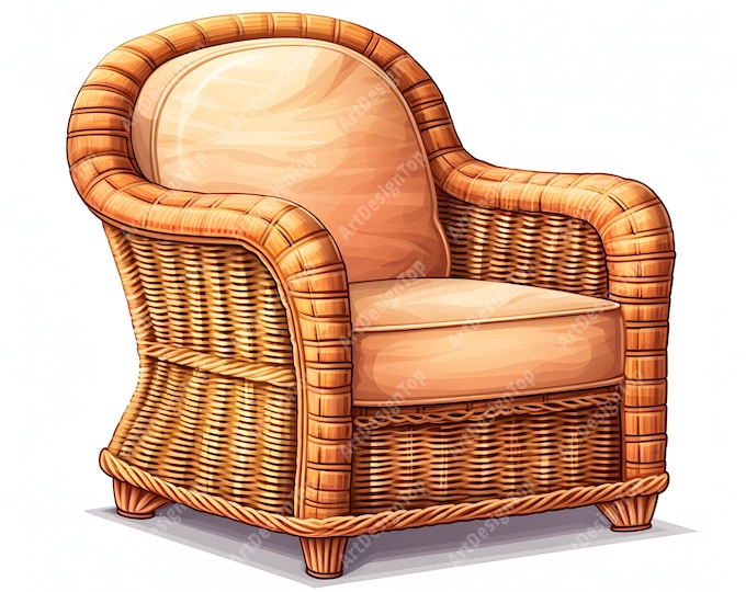 Wicker Arm Chair Clipart, Rattan Chair Images, 10 Watercolor Clip Art, Printable JPGs, Instant Download, Commercial Use, Paper craft