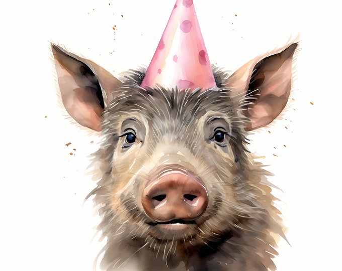 Wild Boar Clipart, Boar with Party Hat Images, 10 Watercolor Clip Art, Printable JPGs, Instant Download, Commercial Use, Paper craft