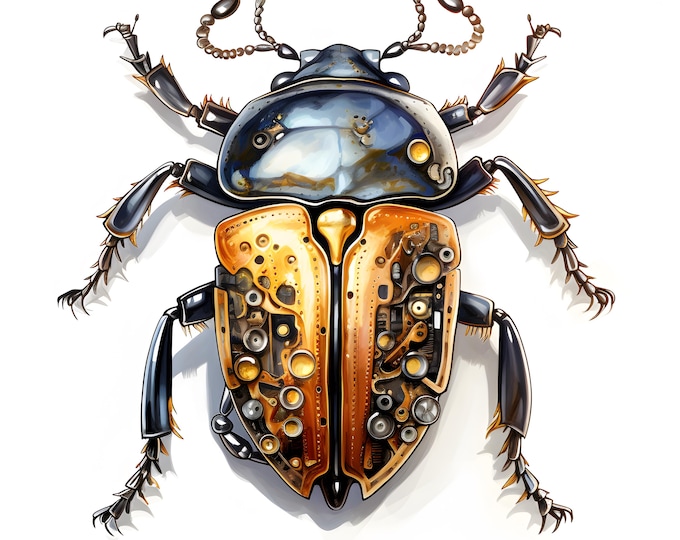 Steampunk Beetle Clipart, Cyber Insects Images, 10 Watercolor Clip Art, Printable JPGs, Instant Download, Commercial Use, Paper craft