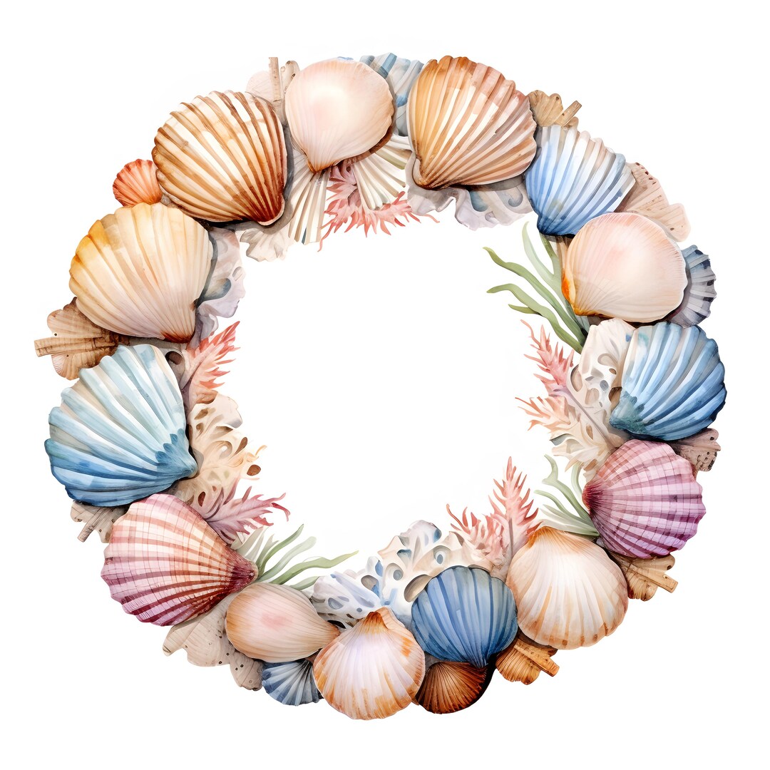 Shell Weath Watercolor Sea Shells Wreath Clipart: Circle Frame (jpgs, Commercial ...