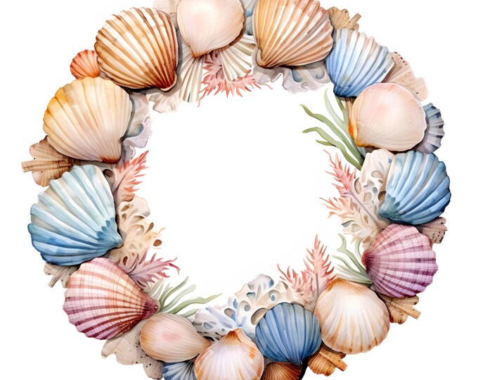 Sea Shells Wreath Clipart, Shells Circle Frame Images, 10 Watercolor Clip Art, Printable JPGs, Instant Download, Commercial Use, Paper craft