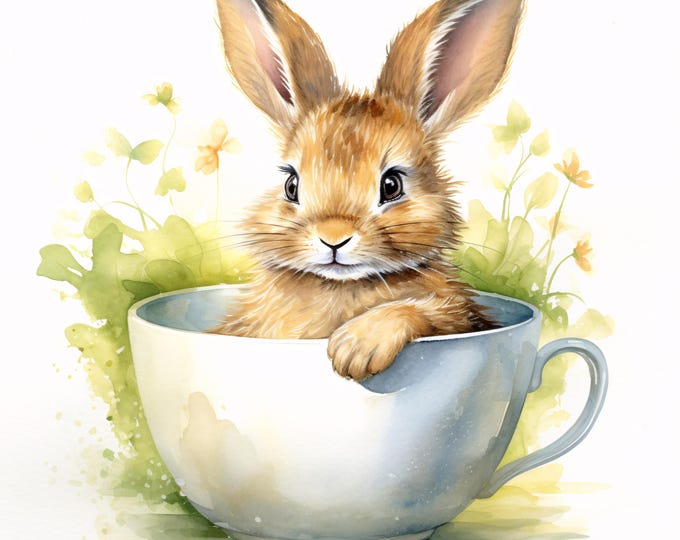 Watercolor Bunny in Teacup Clipart: Spring Rabbit JPG Images (Commercial Use, Digital Download)