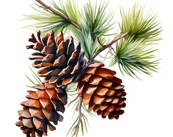 Pine Cones Clipart, Christmas Fir Tree Images, 10 Watercolor Clip Art, Printable JPGs, Instant Download, Commercial Use, Paper craft