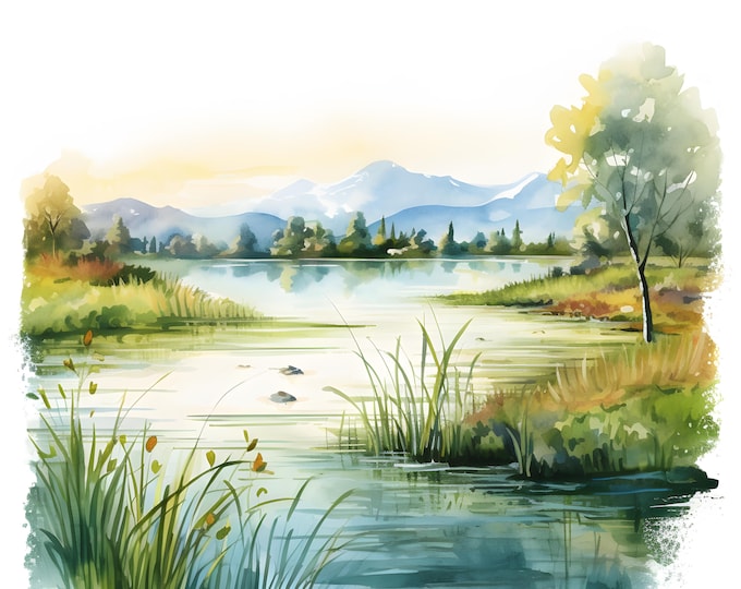 Lake Landscape Clipart, River Images, 10 Watercolor Clip Art, Printable JPGs, Instant Download, Commercial Use, Paper craft