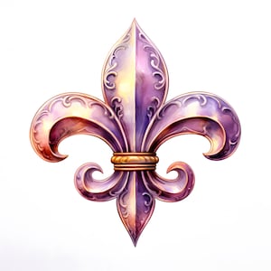 May include: A purple and gold fleur-de-lis with intricate details. The design is ornate and features a central stem with three leaves.