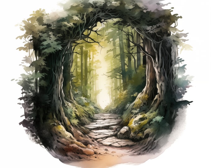Entrance to Forest Clipart, Enchanted Forest Images, 10 Watercolor Clip Art, Printable JPGs, Instant Download, Commercial Use, Paper craft