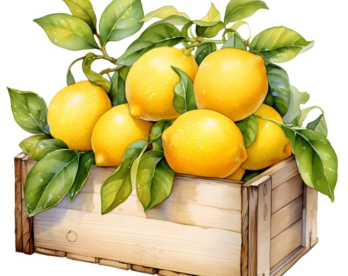 Lemons Box Clipart, Lemons in Wooden Box Images, 10 Watercolor Clip Art, Printable JPGs, Instant Download, Commercial Use, Paper craft