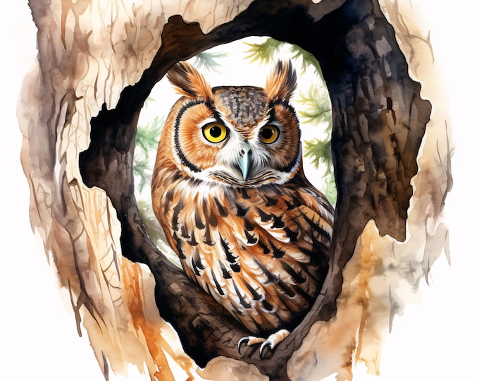 Owl in Tree Clipart, Forest Bird Images, 10 Watercolor Clip Art, Printable JPGs, Instant Download, Commercial Use, Paper craft