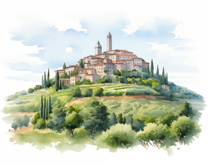 Tuscany Italy Clipart, Tuscany Landscape Images, 10 Watercolor Clip Art, Printable JPGs, Instant Download, Commercial Use, Paper craft