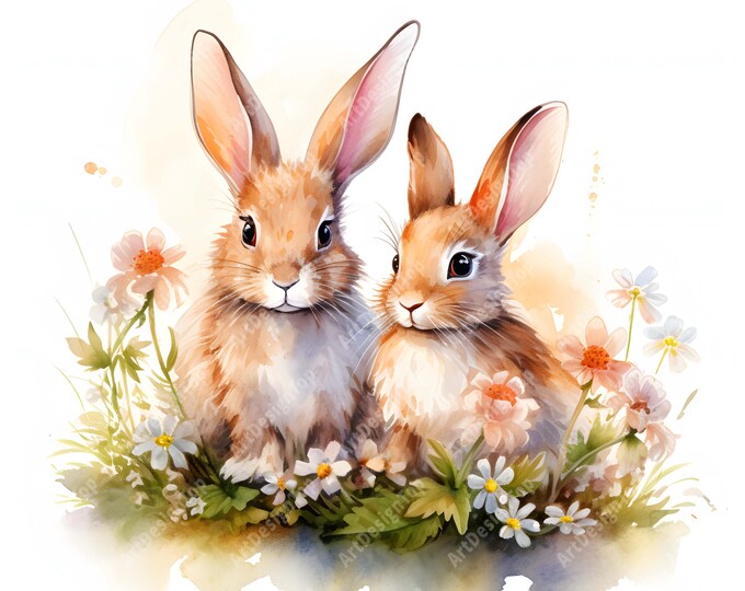 Floral Bunnies Clipart, Easter Bunnies Images, 10 Watercolor Clip Art, Printable JPGs, Instant Download, Commercial Use, Paper craft
