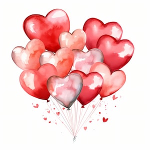 Herz Luftballons Clipart, Valentinstag Luftballons Bilder, 10 Aquarell Clip Art, druckbare JPGs, Sofort Download, kommerzielle Nutzung