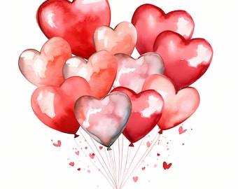 Heart Balloons Clipart, Valentine's Day Balloons Images, 10 Watercolor Clip Art, Printable JPGs, Instant Download, Commercial Use