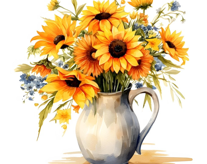 Jug With Flowers Clipart, Vase of Flowers Images, 10 Watercolor Clip Art, Printable JPGs, Instant Download, Commercial Use, Paper craft