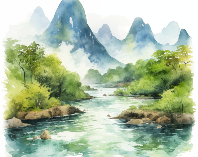 Li River Mountains Clipart, Chinese Mountains Images, 10 Watercolor Clip Art, Printable JPGs, Instant Download, Commercial Use, Paper craft