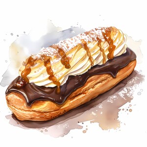Eclair Clipart, Tasty Eclairs Images, 10 Watercolor Clip Art, Printable ...