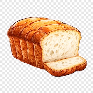 May include: A loaf of golden-brown baked bread with a visible crust and a soft, porous interior. One slice has been cut from the end of the loaf, revealing the light-colored crumb texture and the airy structure of the baked dough throughout.