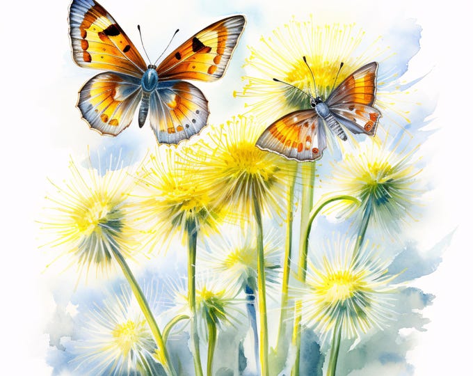 Watercolor Dandelion and Butterfly Clipart: Yellow Flower JPGs (Commercial Use, Instant Download)