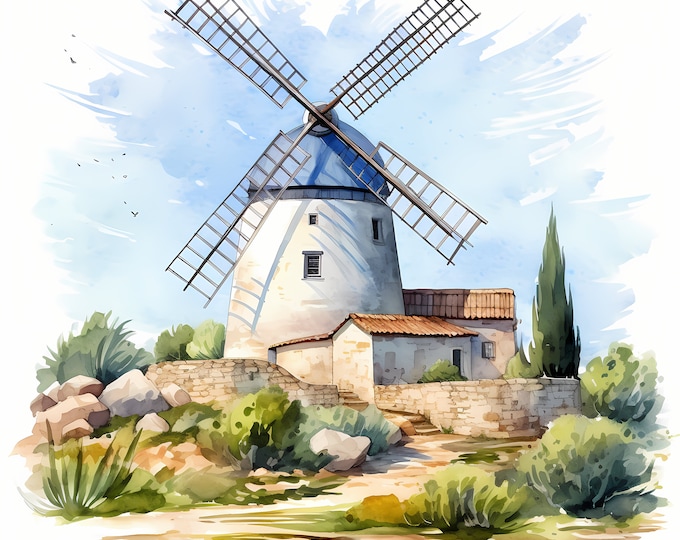 Windmill Clipart, Provence Windmills Images, 10 Watercolor Clip Art, Printable JPGs, Instant Download, Commercial Use, Paper craft