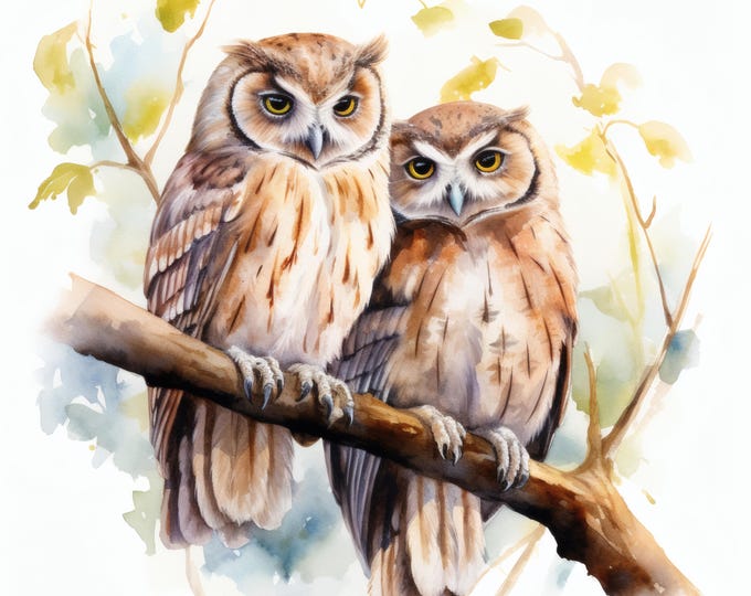 Cute Owls Clipart, Sleepy Forest Bird Images, 10 Watercolor Clip Art, Printable JPGs, Instant Download, Commercial Use, Paper craft
