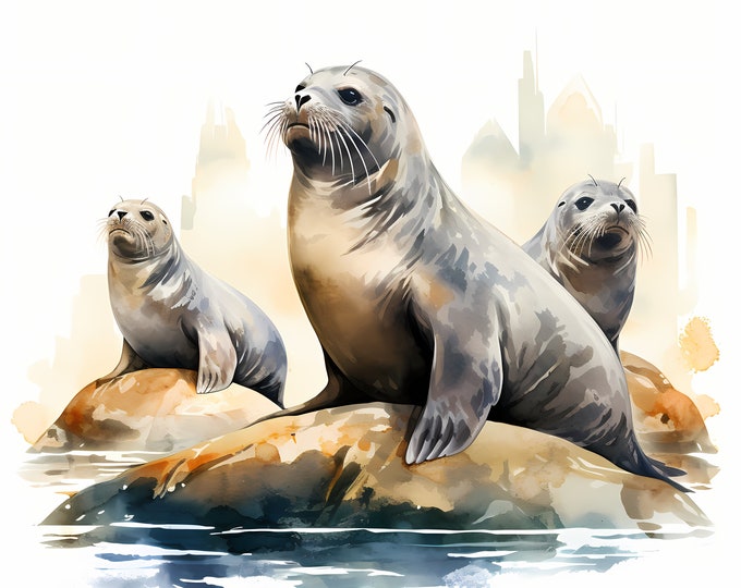 Seals Clipart, Seals in Water Images, 10 Watercolor Clip Art, Printable JPGs, Instant Download, Commercial Use, Paper craft