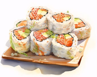 Sushi Clipart, Sushi Roll Images, 10 Watercolor Clip Art, Printable JPGs, Instant Download, Asian Food Art