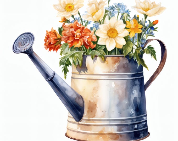 Watering Can Clipart, Floral Decor Images, 10 Watercolor Clip Art, Printable JPGs, Instant Download, Commercial Use, Paper craft