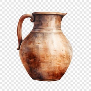 May include: A brown ceramic pitcher with a rounded body, a wide neck, and a curved handle. The surface features a mottled, watercolor-style finish with varying shades of tan, dark brown, and light beige, creating a textured appearance.