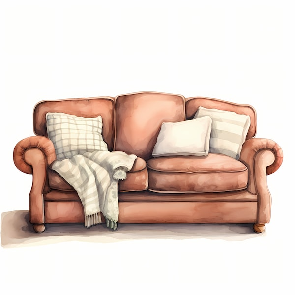 Cozy Couch, Sofa Furniture - Watercolor Clipart Set with 10 JPG Images - Instant Download, Commercial Use, Digital Prints