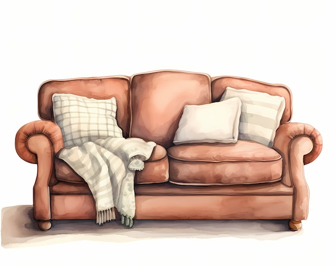 Cozy Couch Clipart, Sofa Furniture Images, 10 Watercolor Clip Art, Printable JPGs, Instant Download, Commercial Use, Paper craft