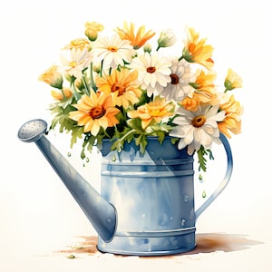 Clipart arrosoir, arrosoir avec des images de fleurs, 10 cliparts aquarelle, JPG imprimable, téléchargement immédiat, usage commercial, créations en papier
