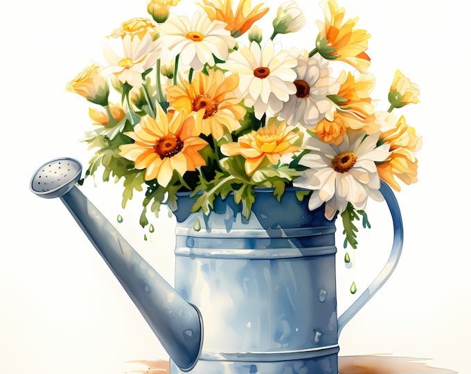 Watering Can Clipart, Watering Can with Flowers Images, 10 Watercolor Clip Art, Printable JPG, Instant Download, Commercial Use, Paper craft