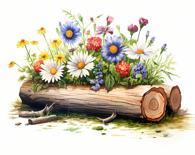Wooden Logs Clipart, Wildflowers on Log Images, 10 Watercolor Clip Art, Printable JPGs, Instant Download, Commercial Use, Paper craft