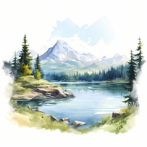 Imágenes prediseñadas de Mountain Lake, imágenes de paisajes de montañas, 10 imágenes prediseñadas de acuarela, JPG imprimibles, descarga instantánea, uso comercial, artesanía de papel