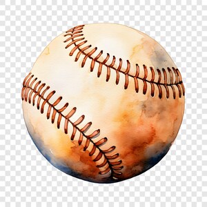 May include: A watercolour illustration of a baseball featuring a white leather surface with visible orange and brown paint washes. The ball has prominent red stitching arranged in a curved pattern across the centre, creating a textured appearance.