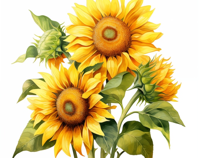 Sunflowers Clipart, Sunflowers Bouquet Images, 10 Watercolor Clip Art, Printable JPGs, Instant Download, Commercial Use, Paper craft