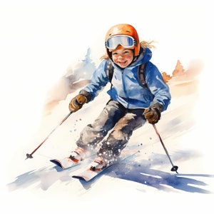 Clipart ski enfant, sports d'hiver, images de skieur, 10 images clipart aquarelle, fichiers JPG imprimables, téléchargement immédiat, usage commercial, créations en papier