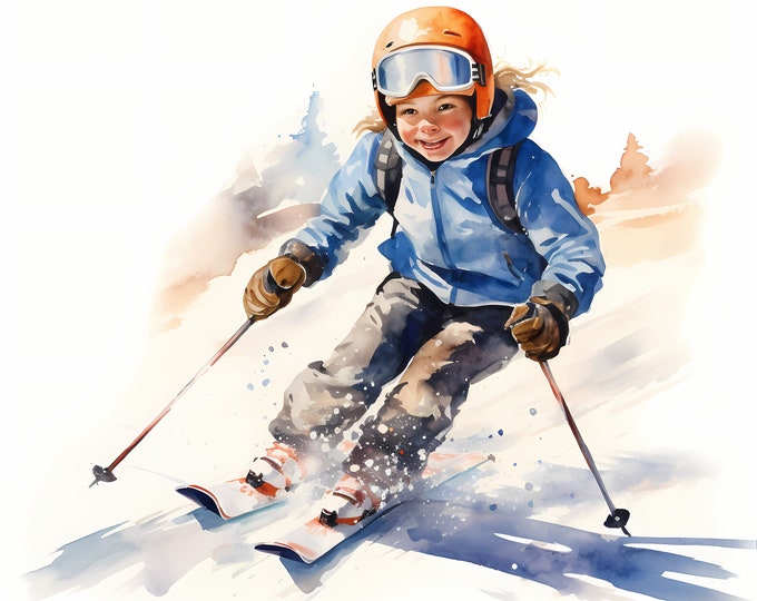 Kid Skiing Clipart, Winter Sport, Skier Images, 10 Watercolor Clip Art, Printable JPGs, Instant Download, Commercial Use, Paper craft