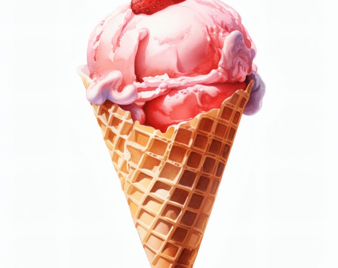 Strawberry Ice Cream Clipart, Waffle Cone Images, 10 Watercolor Clip Art, Printable JPGs, Instant Download, Commercial Use, Paper craft