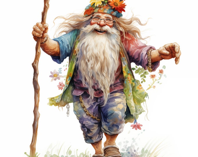 Hippie Gnome Clipart, Psychedelic Gnome Images, 10 Watercolor Clip Art, Printable JPGs, Instant Download, Commercial Use, Paper craft