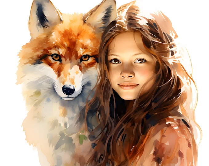 Girl And Fox Clipart, Girl Fox Images, 10 Watercolor Clip Art, Printable JPGs, Instant Download, Commercial Use, Paper craft