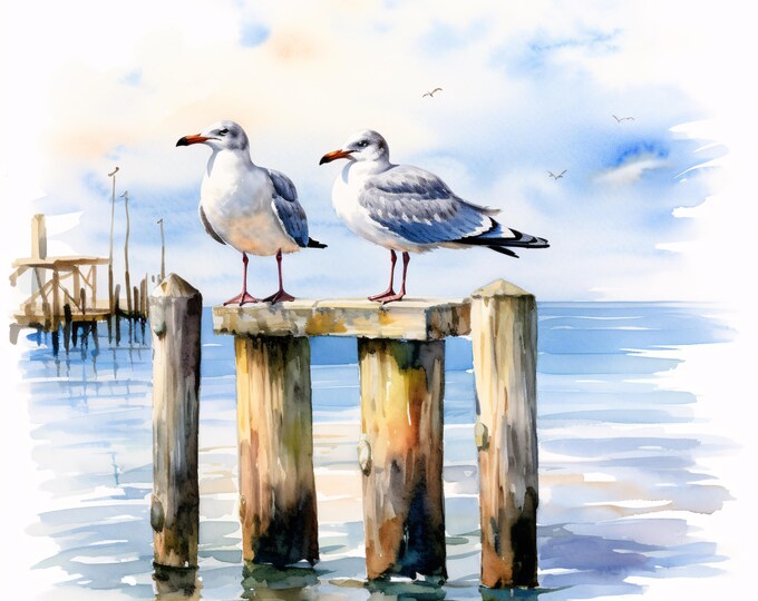 Watercolor Seagulls Clipart: Coastal Bird Art, Printable JPGs (Commercial Use, Instant Download)