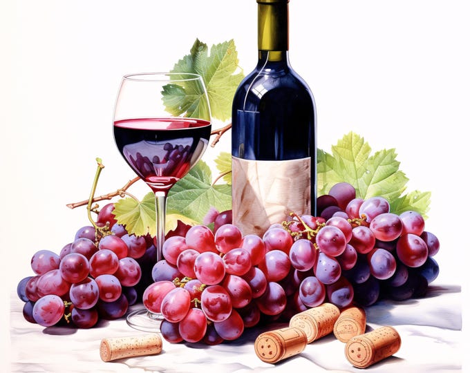 Wine and Grapes Clipart, Vineyard Drink Images, 10 Watercolor Clip Art, Printable JPGs, Instant Download, Commercial Use, Paper craft