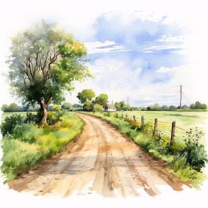 Clipart chemin de campagne, images de chemin de printemps, 10 images clipart aquarelle, fichiers JPG imprimables, téléchargement immédiat, usage commercial, créations en papier