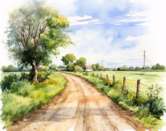Watercolor Country Lane Clipart: Spring Path JPG Images (Commercial Use)