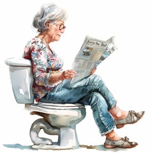Clipart oma, afbeeldingen oma op het toilet, 10 aquarel-illustraties, afdrukbare JPG's, Instant Download, Commercieel gebruik, Papercraft